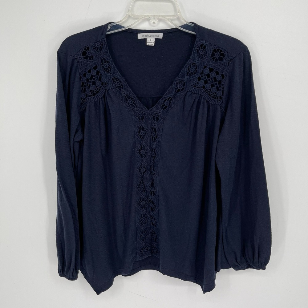 JohnPaulRichard Women's Navy Lace Trim Long Sleeve Peasant Boho Top Size S